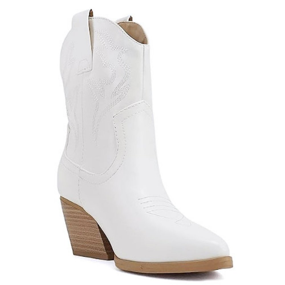 New Womens White Western Cowboy Ankle Boots Booties - Picture 2 of 2